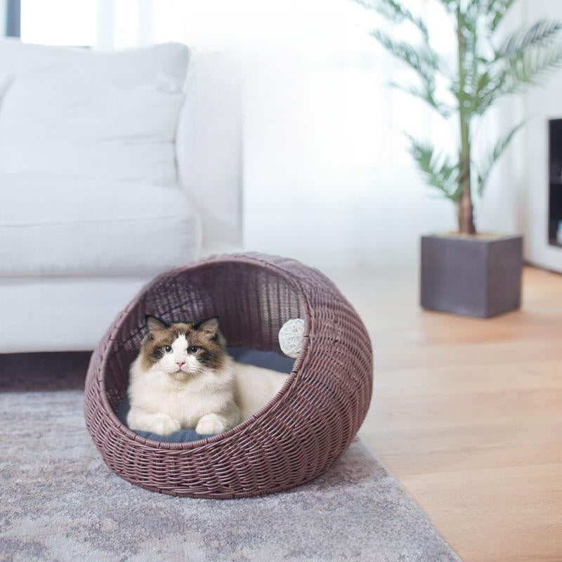 Authentic Hand-Woven Rattan Pet Cage with Removable Pad