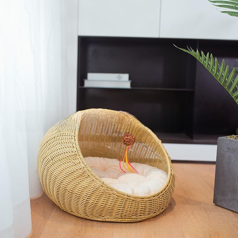 Authentic Hand-Woven Rattan Pet Cage with Removable Pad